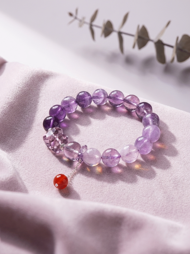 Pulseira de Ametista Natural com Detalhe em Ágata Vermelha
